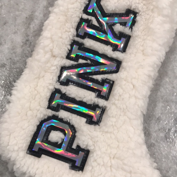 PINK Victoria Secret Christmas Stocking Sherpa Holographic Iridescent White - Picture 2 of 4